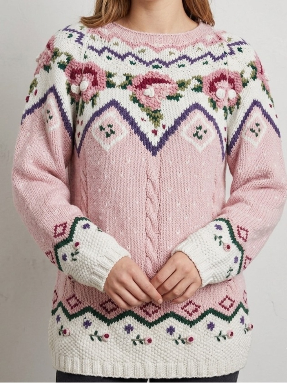Vintage Willow Ridge Floral Cable Knit Long-Sleeve Winter Sweater Size Medium
